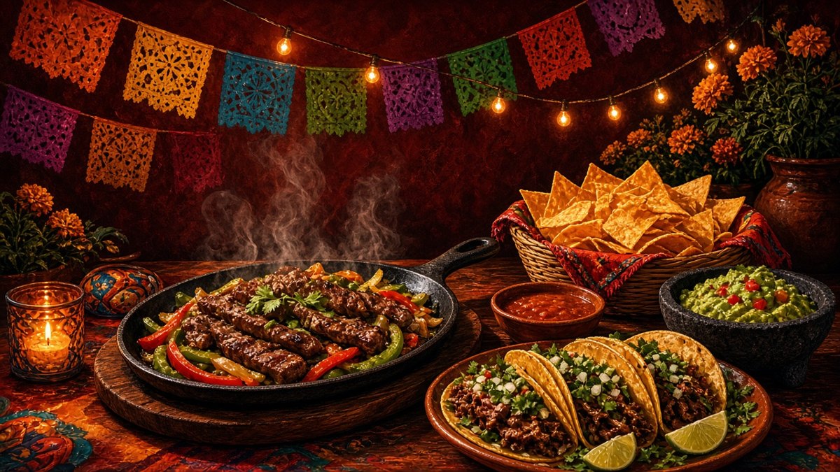Illustration of sizzling fajitas, tacos, chips, salsa and guacamole on a festive table